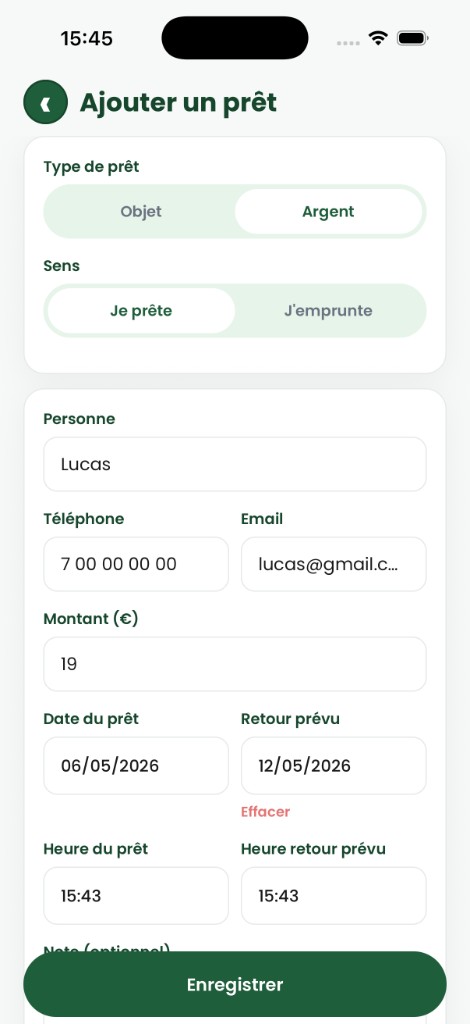 Aperçu RendsÇa : formulaire pour créer un prêt d'argent ou d'objet