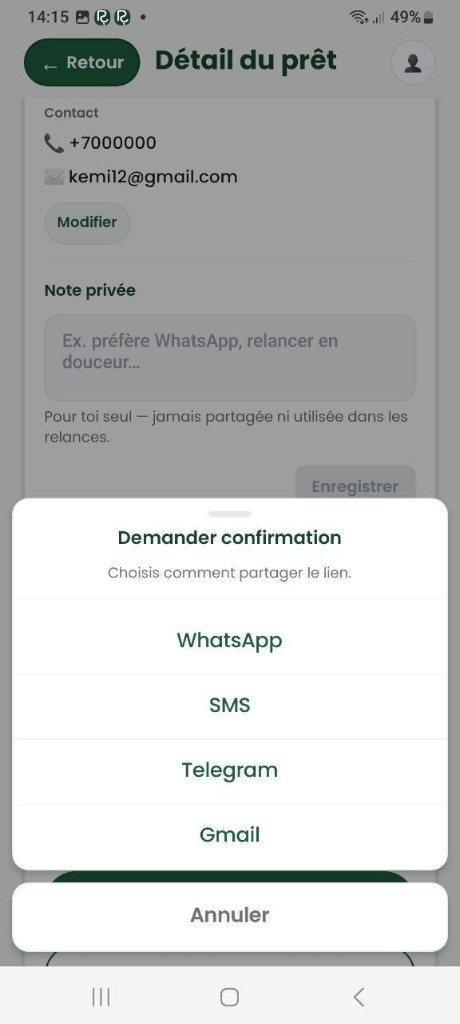 Aperçu RendsÇa : confirmation de prêt ou de retour par lien