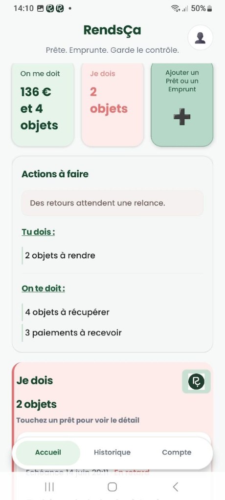 Aperçu RendsÇa : sections On me doit et Je dois pour le suivi des prêts et emprunts