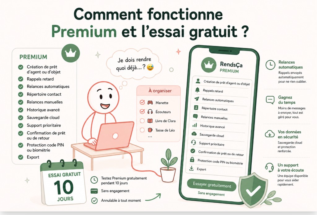 Aperçu RendsÇa : abonnement Premium, essai gratuit et gestion des prêts et emprunts