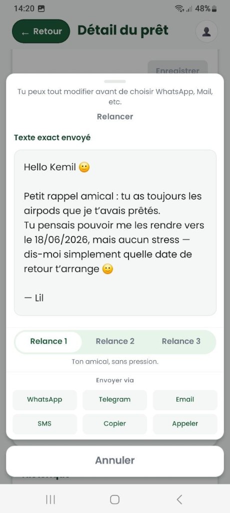 Aperçu RendsÇa : relance pour un prêt d'argent ou un retour d'objet