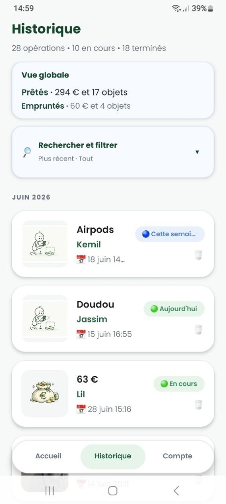 Aperçu RendsÇa : retrouver un prêt ou un emprunt dans l'historique