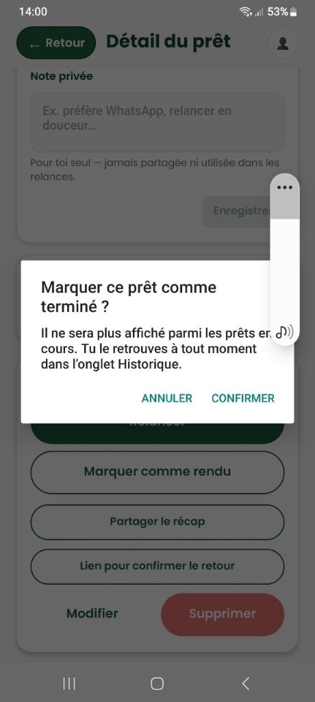 Aperçu RendsÇa : terminer un prêt, objet rendu ou argent remboursé